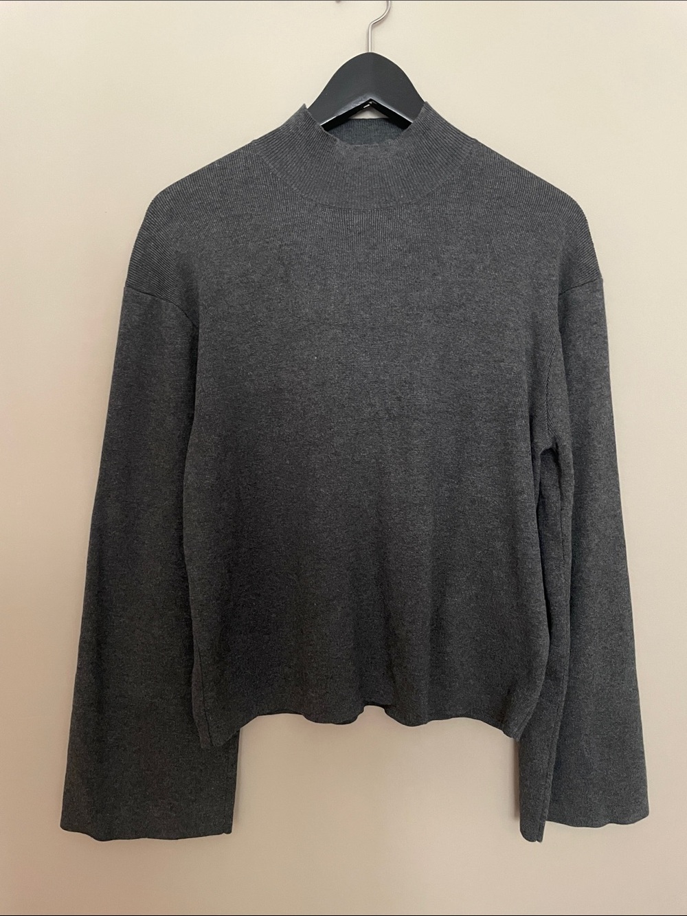 The Limited Charcoal Gray Mock Neck Sweater trumpet sleeve